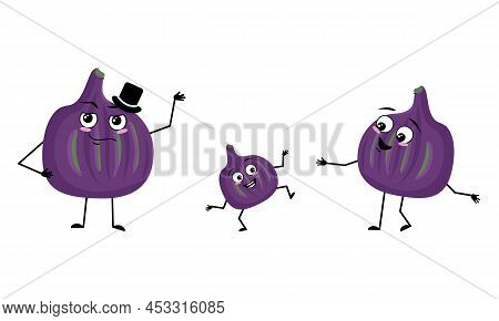 Family Of Fig Fruit Character With Happy Emotions And Poses, Smile Face, Happy Eyes, Arms And Legs. 