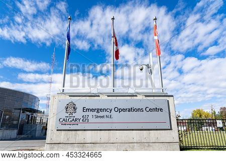 Calgary Alberta Canada, October 10 2022: The Emergency Operations Center Main Entrance Near Rotory P