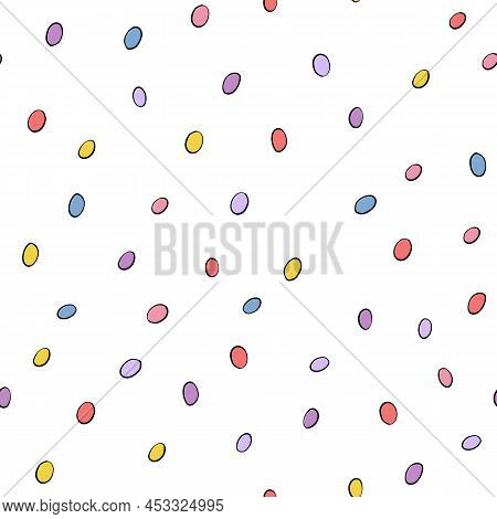 Happy Easter Seamless Pattern With Colorful Eggs On White Background. Polka Dots Design For Card, Po
