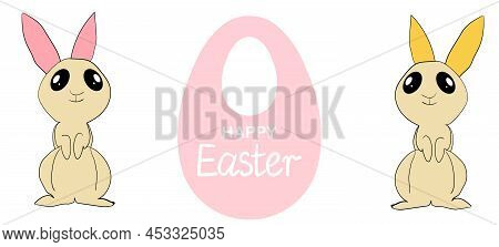 Easter Background With Eggs, Rabbit. Happy Easter Banner. Template Design For Greeting Card, Postcar