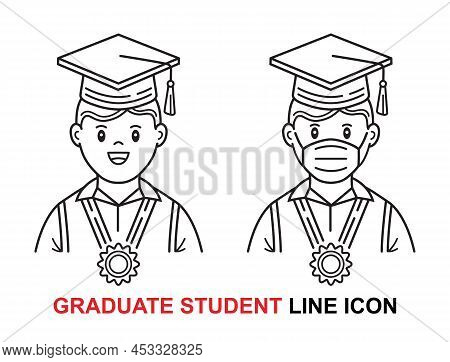 Graduate Student, Graduation Boy In Academic Uniform, Protective Mask On Graduating Ceremony Line Ic