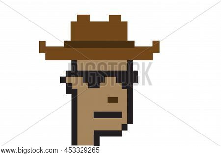 Cryptopunk Nft Blockchain, Non Fungible Tokens. Pixel Art Character Yellow Cowboy With A Hat White B