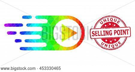 Red Round Grunge Unique Selling Point Seal And Low-poly Rush Right Icon With Spectral Colorful Gradi
