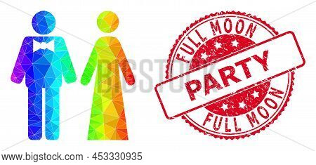 Red Round Textured Full Moon Party Seal And Low-poly Just Married Persons Icon With Spectrum Colored