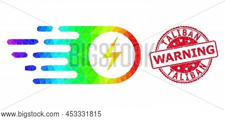 Red Round Corroded Taliban Warning Seal And Lowpoly Electrical Strike Icon With Spectral Vibrant Gra