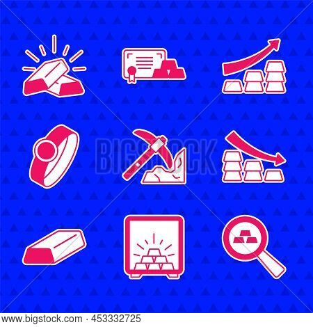 Set Gold Mining, Safe With Gold Bars, Falling Arrow, Ring, Growth And Icon. Vector