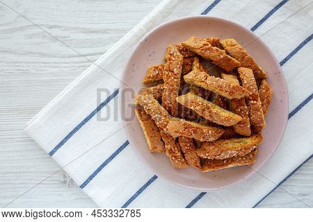 Homemade Italian Cantuccini With Pistachios And Citron On A Plate, Top View. Crispy Pistachio And Ci