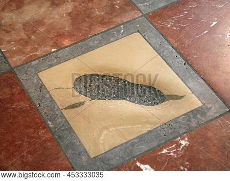 Munich, Munich, Germany - August 26, 2021: At Entrance Of Cathedral There Is The Devils Footstep Als