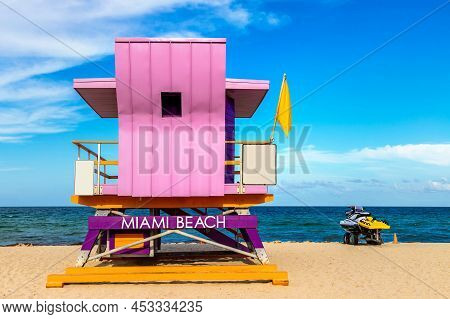 Lifeguard Tower In South Beach, Miami Beach In A Sunny Day, Florida