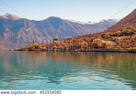 Beautiful Mediterranean Landscape.  Montenegro, Adriatic Sea. View Of  Bay Of Kotor And Seaside Vill
