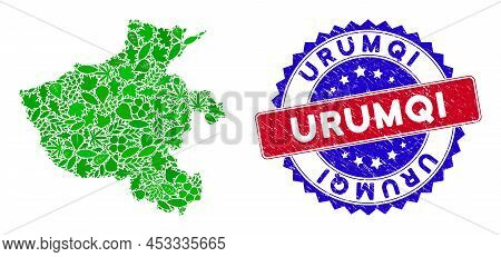 Eco Henan Province Map Collage Of Herbal Leaves In Green Color Variations And Grunge Bicolor Urumqi 