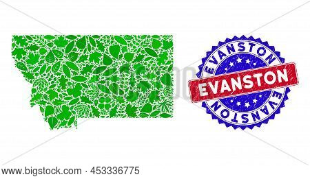 Eco Montana State Map Collage Of Plant Leaves In Green Color Tinges And Grunge Bicolor Evanston Stam