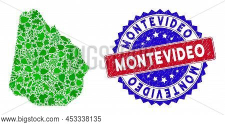 Ecology Uruguay Map Collage Of Herbal Leaves In Green Color Tinges With Grunge Bicolor Montevideo Se