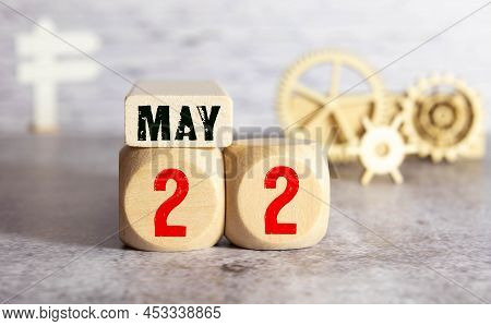 May 22nd. Wooden Cubes With Date Of 22 May On Old Blue Wooden Background.
