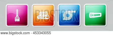 Set Line Garden Rake, Wooden Logs, Hose Or Fire Hose And Hand Saw. Colorful Square Button. Vector