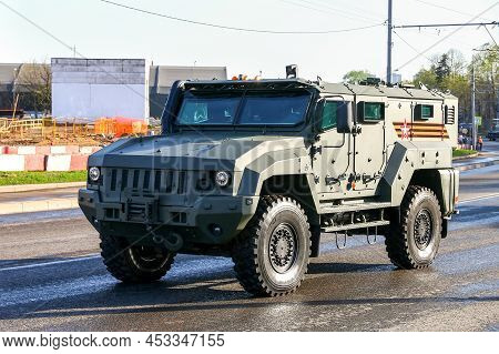 Moscow, Russia - May 3, 2018: 4x4 Wheeled Patrol Armoured Personnel Carrier (apc) Kamaz-53949 Typhoo