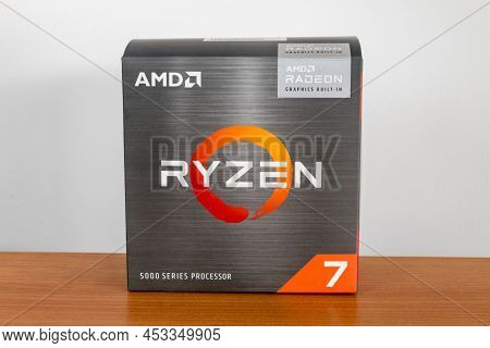 Pruszcz Gdanski, Poland - April 20, 2022: Box Of Amd Ryzen 5000 Series Processor. The Desktop Ryzen 
