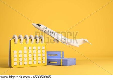 Airplane Take Off And Suitcase With Calendar And Dates. Traveling Plans And Vacation, Yellow Backgro