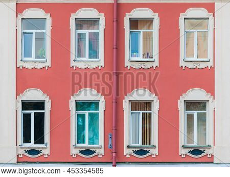 Several Windows In A Row On The Facade Of The Urban Historic Apartment Building Front View, Saint Pe