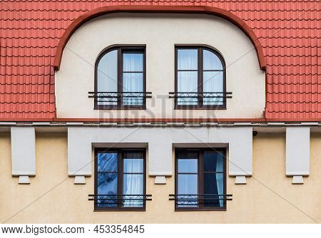 Several Windows In A Row On The Facade Of The Modern Urban Apartment Building Front View, Krasnaya P