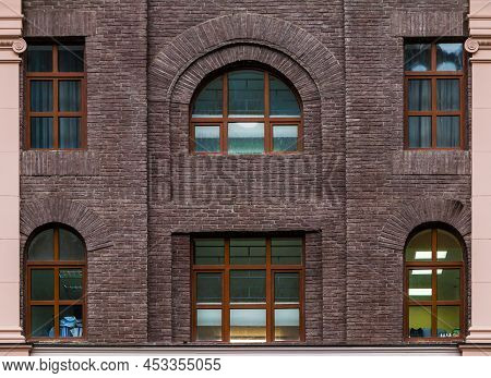 Several Windows In A Row On The Facade Of The Modern Urban Apartment Building Front View, Krasnaya P