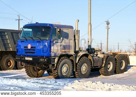 Novyy Urengoy, Russia - April 3, 2022: Heavy Industrial Semi-trailer Truck Tatra T815-2 Terrno1 In A