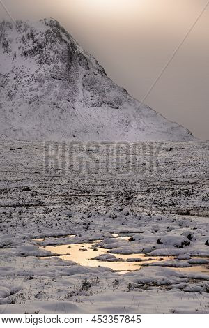 Beautiful Winter Sunrise Landscape Image Of River Etive In Rannoch Moor In Socttish Highlands With G