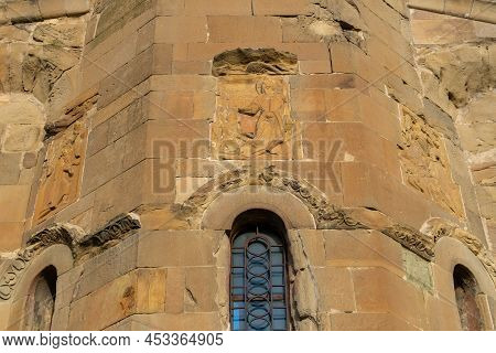 Close View Of Bas-relief At The Exterior Facade Of Ancient Jvari Monastery. Georgia