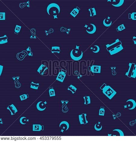 Set Earplugs And Ear, Big Bed, Moon Stars And Sleeping Pill On Seamless Pattern. Vector