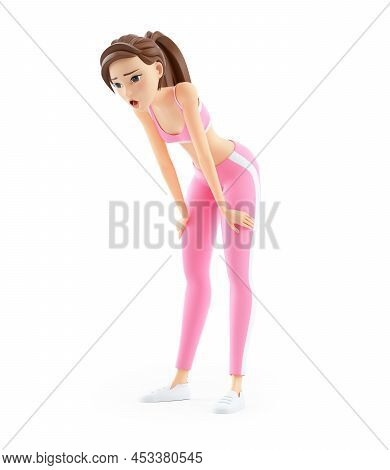 3d Breathless Sporty Woman After Running, Illustration Isolated On White Background