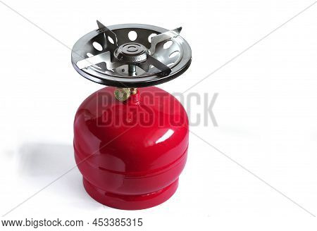 Compact Metal Gas Cylinder And Burner For Camping Stove. Isolated On White Background.