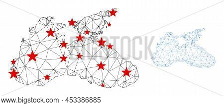 Polygonal Mesh Black Sea Map With Red Star Centers. Abstract Network Connected Lines And Stars Form 