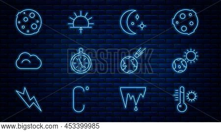 Set Line Meteorology Thermometer, Earth Globe And Sun, Moon Stars, Compass, Cloud, Comet Falling Dow