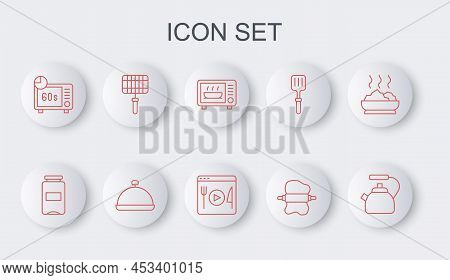 Set Line Kettle With Handle, Jam Jar, Microwave Oven, Rolling Pin On Dough, Barbecue Steel Grid, Cov