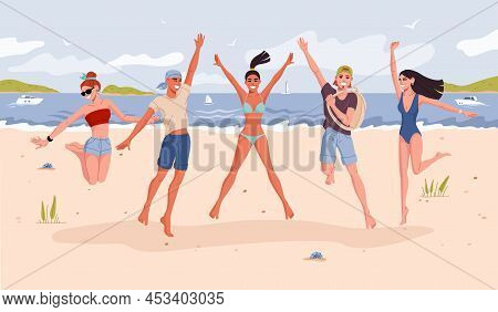Group Of Young People Jumping On Beach, People On Summer Sea Vacations, Flat Vector. Happy Friends A