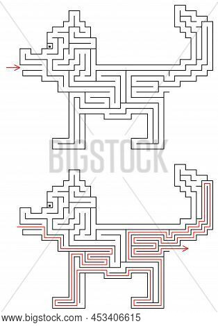 Vector Labyrinth Inside Shape Of Dog With Entry In Mouth And Exit In Cloaca. Joke Maze With Solution