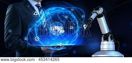Gmp Good Manufacturing Practice. 3d Render Cobot Robotic Arm