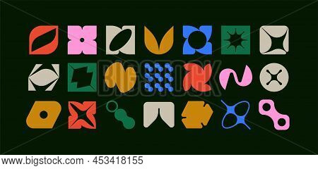 Set Of Geometric Logos. Modern Bold Brutalistic Square Objects And Shapes. Colorful Minimalistic Sil