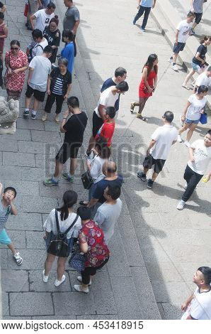 Zhenjiang, China. August 12, 2017.  Crowds Chinese People Within The Jinshan Temple Scenic Area In Z