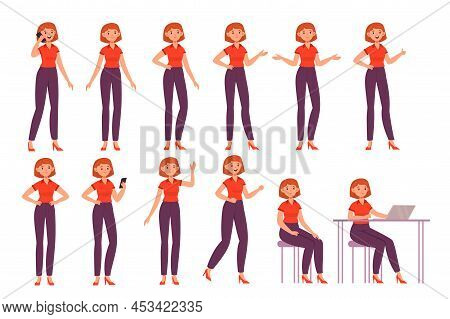 Cartoon Female Character Poses. Happy Woman In Different Poses, Actions And Emotions, Standing And S
