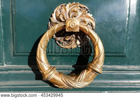 European Vintage Old Metal Wrought Iron Door Knocker. Design Detail. Paris.