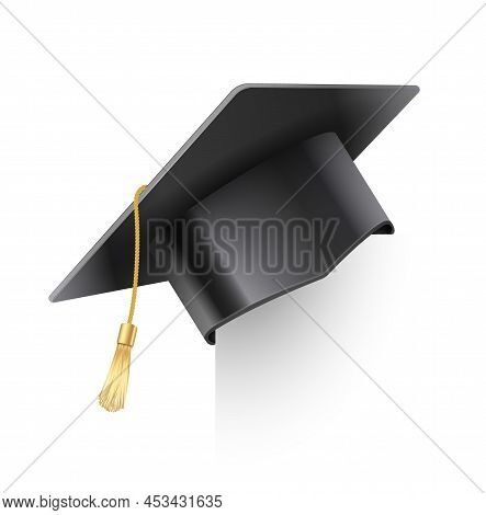 Vector Realistic Mortar Board Hat With Golden Tassel. Graduation Cap. University Graduation Black Ha