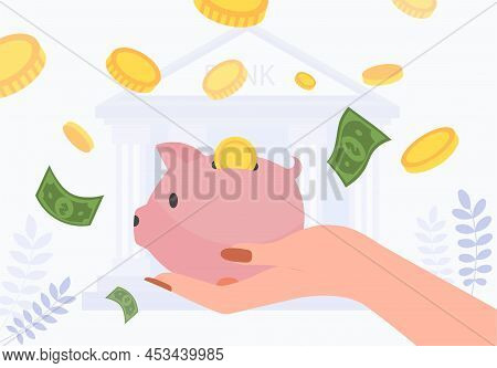 Hand With Piggy Bank. Metaphor Of Savings And Family Budget, Investment And Passive Income. Financia