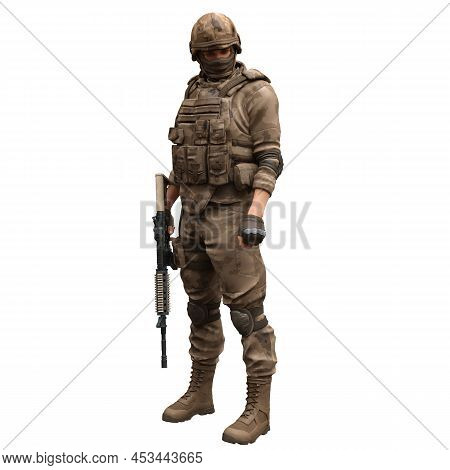 Soldier With A Machine Gun Isolated White Background 3d Illustration