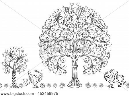 Byzantine Traditional Historical Motifs Of Animals, Birds, Flowers And Plants Seamless Border Patter