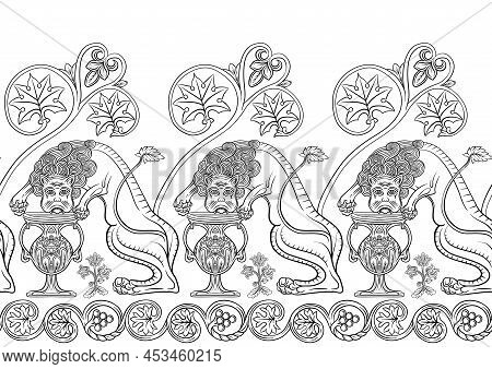Byzantine Traditional Historical Motifs Of Animals, Birds, Flowers And Plants Seamless Border Patter