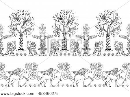 Byzantine Traditional Historical Motifs Of Animals, Birds, Flowers And Plants Seamless Border Patter