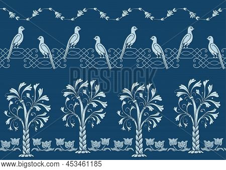Byzantine Traditional Historical Motifs Of Animals, Birds, Flowers And Plants Seamless Border Patter