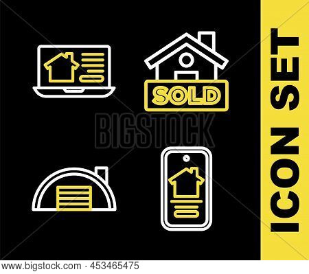 Set Line Hanging Sign With Text Sold, Online Real Estate House, Warehouse And Icon. Vector