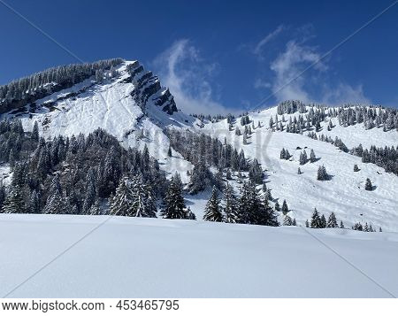 Fairytale Alpine Winter Atmosphere And Snow-capped Alpine Peak Stockberg (1781 M) In The Alpstein Mo